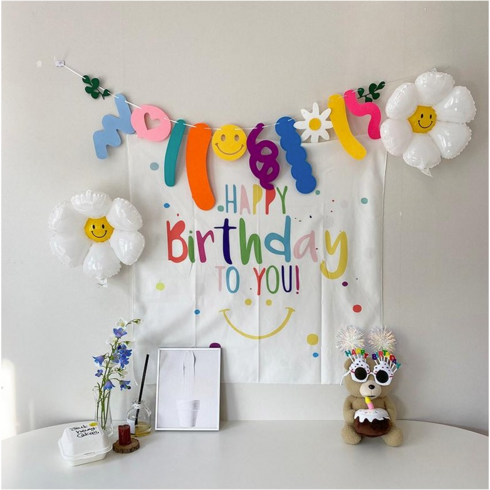 패브릭 데이지꽃 생일 가랜드 파티 배너 세트 기념일 파티용품 해피벌스데이 폭죽 머리띠, 화이트, 1세트