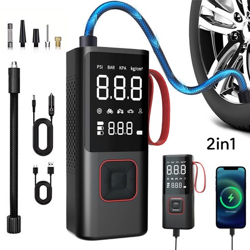 ZOZOFO 무선 에어 펌프 자동 공기압 주입기 긴급시동 보조배터리 6000mAh 대형배터리 타이어 압력 모니터링/led손전등/보조배터리/자동차 농구공 자전거 오토바이 다용도에어펌, 6988A(에어펌프&보조배터리), 1개