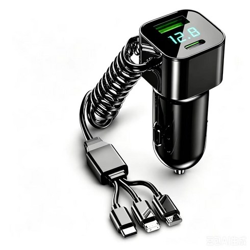 BuddhiGear 90W 차량용 고속 충전기 내장 스프링 3in1 케이블 QC3.0+PD 듀얼포트, 검정색, F3X