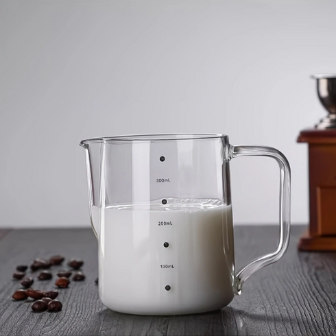 내열 유리 계량저그 눈금표시 홈베이킹 우유 계량컵 커피 밀크피처, 1개, 투명, 300ml