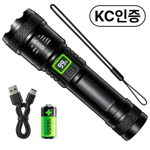 바제노 고광량 LED 줌 라이트 손전등 C타입 충전식 휴대용 후레쉬, 1개