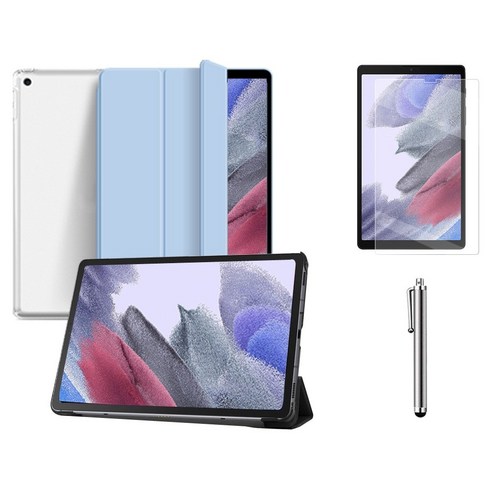 갤럭시탭A7 라이트 Lite 8.7 호환 슬림 북커버 케이스 스탠드+액정필름+터치펜 SM-T220N T225N 케이스나라, 스카이블루, 투명 케이스