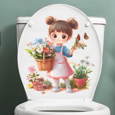 장 세트 카툰 귀여운 소녀 화분 캐릭터 방수 스티커 욕실 화장실 변기 데코 인테리어 벽장식 꾸미기 스티커, 3장
