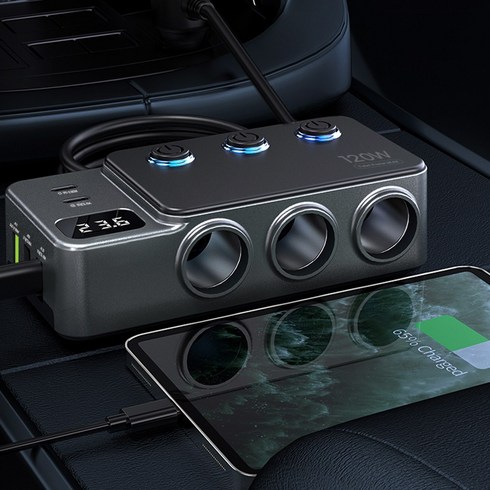 엑스트라 120W 차량용 3구 5포트 초고속 멀티 시거잭 충전기 8in1 (소켓3개 + C타입 2개 + USB-A 3개) LED 디스플레이 PPS 3.0 퀵차지 MX490 혼카