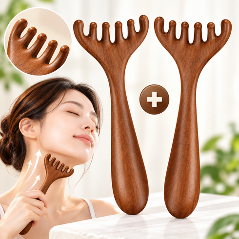뮤그 얼굴 바디 나무 괄사 두피 마사지기 1+1, 사슴뿔 샌달우드, 1세트
