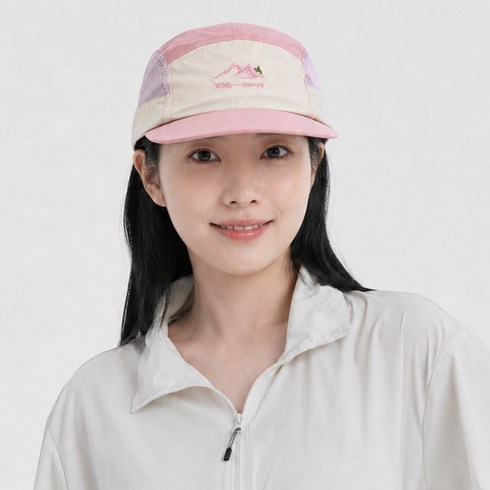 BELLEAURA 남녀공용 에어트레일 메쉬캡 마운틴 배색 캠프캡 등산 러닝 아웃도어 모자 메쉬숏캡, 핑크베이지