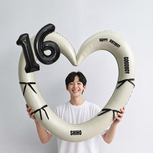 해피제이니 블랙 숫자 하트프레임 풍선 생일파티용품세트(프리레터링 시트지 포함) 포토존, 1세트, 16 크림
