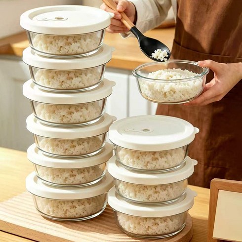 Munjjing 내열강화유리 햇밥용기 흰색 원형 렌지쿡 전자레인지 냉동밥 보관용기, 10개, 400ml