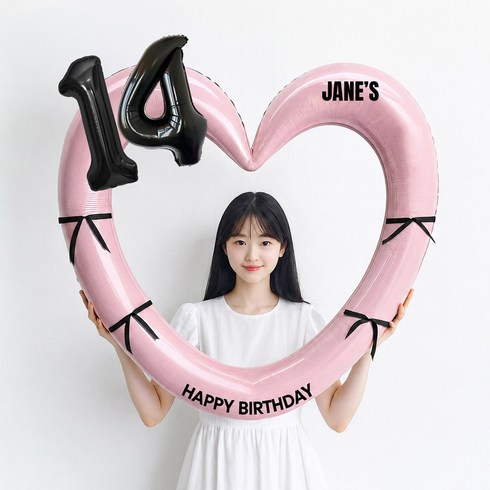 해피제이니 블랙 숫자 하트프레임 풍선 생일파티용품세트(프리레터링 시트지 포함) 포토존, 1세트, 14 핑크