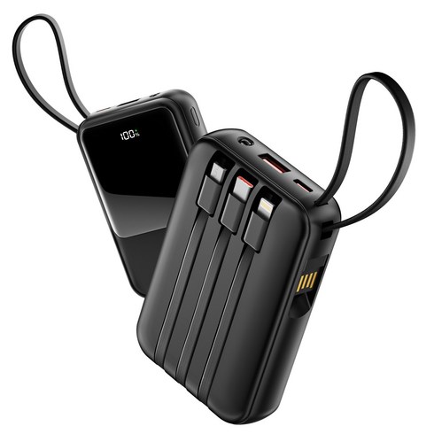 TRYSEEK 고속충전 PD 22.5W 대용량 미니 4in1 케이블 일체형 보조배터리 12000mAh 멀티단자 C타입 LED잔량, 블랙, N13