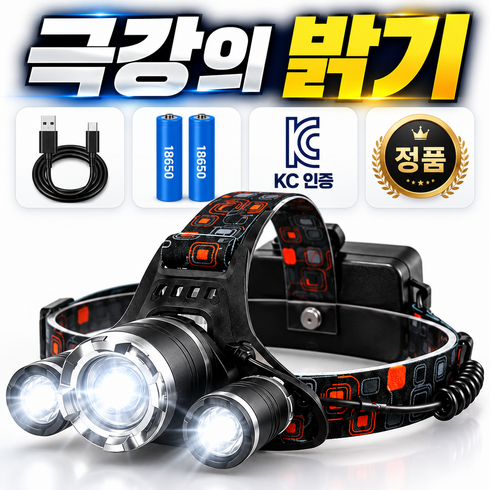 [ 밝기 업그레이드] 주나로 초고광량 광폭 헤드랜턴+ 충전지 세트 압도적 가벼움 등산 낚시 해루질, 1개, 프로블랙