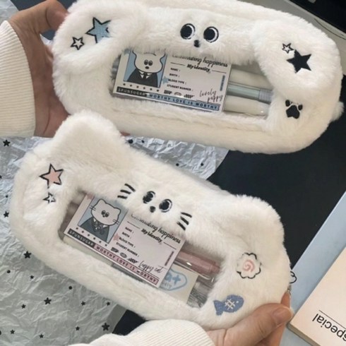 뽀글이 고양이 필통 파우치, 핑크 스타 캣, 1개