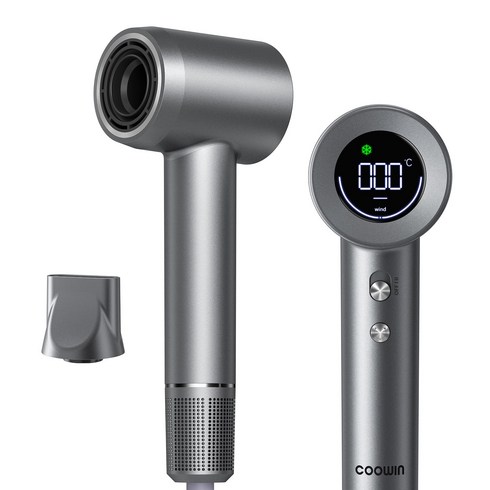 Coowin쿠윈 초고속 음이온 헤어드라이어 LED 디스플레이 BLDC 모터 드라이기 1600W, 다크 그레이