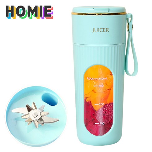 HOMIE 믹서기 14날 칼날 강력한 모터 착즙기 USB 충전식 휴대용 소형 믹서기 350ML, 파란색