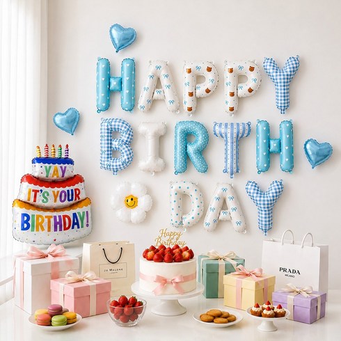해피제이니 파스텔 그래픽 풍선레터링 케이크 하트 데이지 호일풍선 생일파티 세트, 1세트, 블루그래픽 풍선레터링
