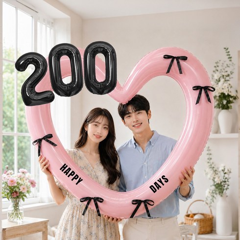 해피제이니 특별한 기념일 하트프레임 숫자풍선 리본세트 레터링 100일 생일 파티용품 포토존, 1개, 핑크 200