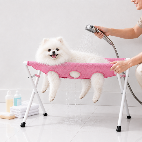 가정용 반려동물 목욕 거치대 접이식 강아지 고양이 셀프미용 고정대 샤워 해먹 드라이 발톱관리 소형견 애견미용대, 1개, 핑크
