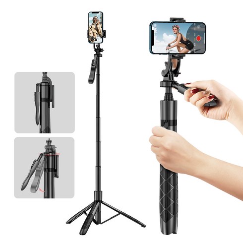 나비 셀피스틱 그립 핸들 올인원 롱레인지 무선 블루투스 롱 셀카봉 삼각대 1560mm NV79-SFS20, 1개, 블랙
