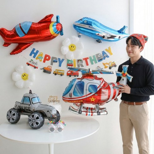 이벤트홀릭 3D 자동차 중장비 풍선 생일파티용품세트, 1개, 02.경찰차 헬리콥터