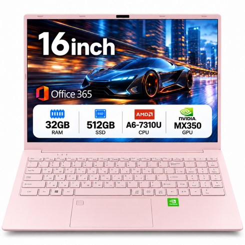 16.1인치 노트북 32GB RAM 512GB SSD MX350 2GB 독립그래픽 지문인식 사무용 업무용 가성비 노트북, AMD A6-7310U, WIN10, 핑크