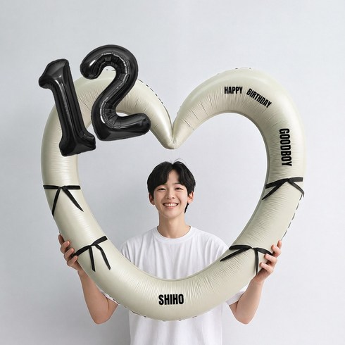 해피제이니 블랙 숫자 하트프레임 풍선 생일파티용품세트(프리레터링 시트지 포함) 포토존, 1세트, 12 크림하트