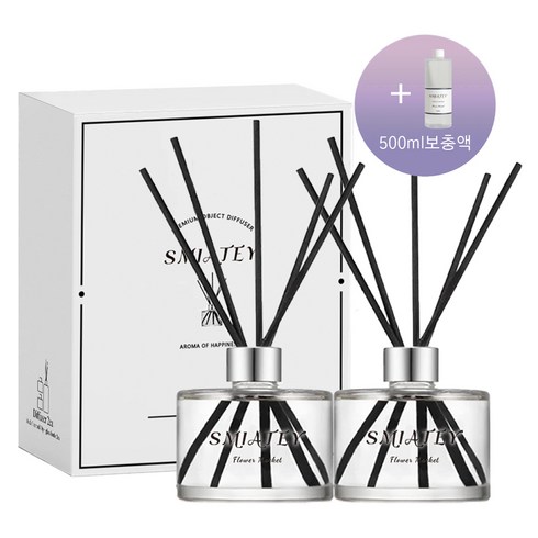스미어티 프리미엄 200ML 2개 디퓨저 실내 방향제+500ML 대용량 리필액 선물 세트 집 화장실 방향제, 우디 호텔