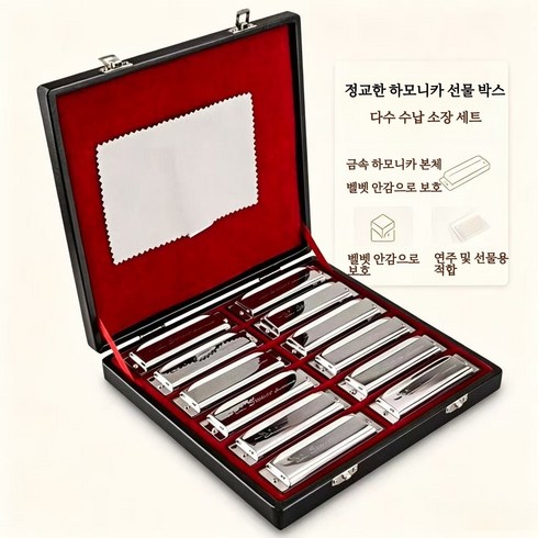 스즈키 포크마스터 하모니카 10홀 12구 풀세트 케이스 포함 초보자 연습용, 1개, 실버, 프리미엄 버전