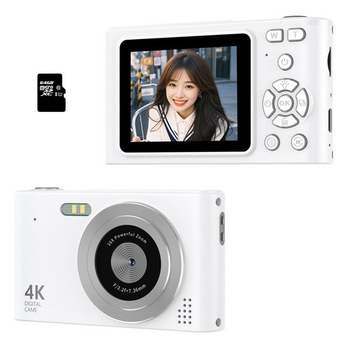 RUNHome 4800w 레트로 미니 디지털 카메라 여행용 인생+64G메모리카드, 화이트, H15