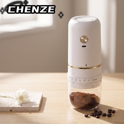 CHENZE 전동 커피그라인더 원두그라인더 충전식 휴대용 원두분쇄기 분쇄도조절 가정용, 화이트