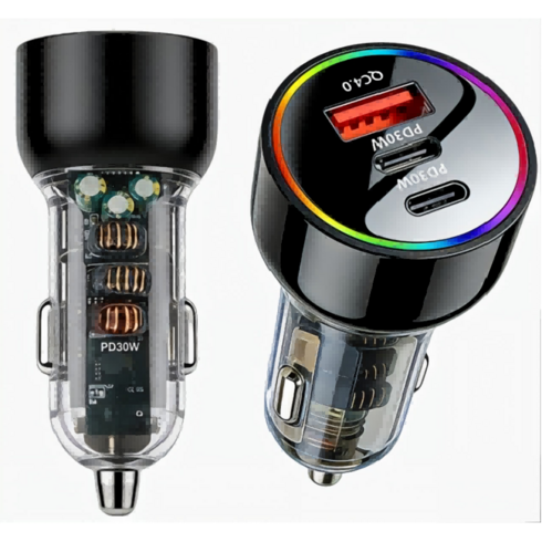 BuddhiGear 원통형 3포트 차량용 초고속 충전기 듀얼 PD30W+QC4.0 시거잭 충전기, 블랙, XGZ-LS03