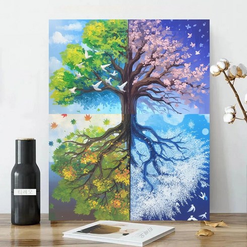 보석십자수 캔버스형 원형비즈십자수 DIY키트 40x50cm 3D 대형 선물용 재물 객실 풍수 인테리어, 1세트, 27 화려한 사계절 나무