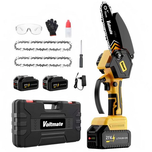 VoltMate 독일 21V BLDC 브러시리스 6인치 LED 잔량 표시 4000mAh 리튬 배터리 2개 체인톱 전기톱, 1세트