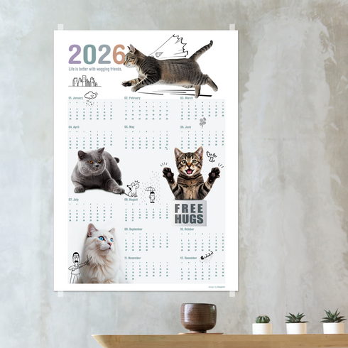 2026 고양이 감성 인테리어 포스터 한장달력 그림 캘린더, 냥이A