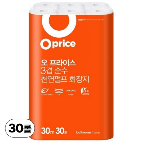 오프라이스 3겹 천연펄프 화장지 30롤 30m 대용량 두루마리 화장지, 1개