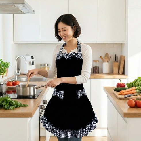 더담다 예쁜 주방 프릴앞치마, 1개, 블랙