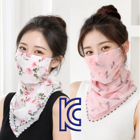 루시아 쉬폰 플라워 자외선차단 스카프 마스크, 화이트+핑크, 1개, 1개입