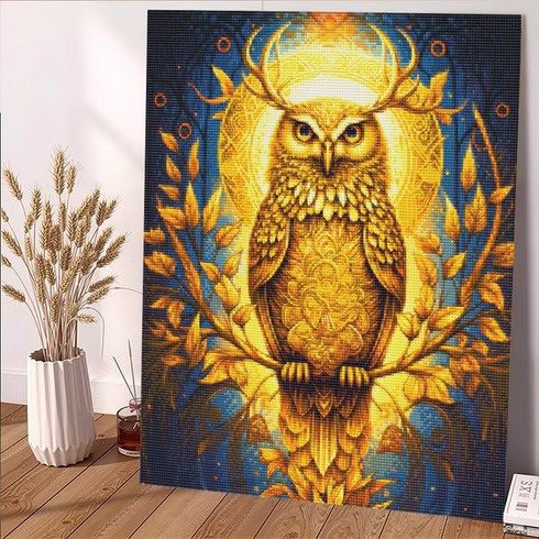 wonderful live 보석십자수 대형 DIY 키트 캔버스형 액자 풍경 인물 해바라기 꽃식물 부엉이 40 x 50 cm, 1개, 황금 부엉이