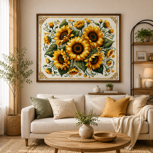 실십자수 50x40 해바라기 행운 햇살 풍요 따뜻한 재물운 들판 자수세트, 1개, 황금 11ct