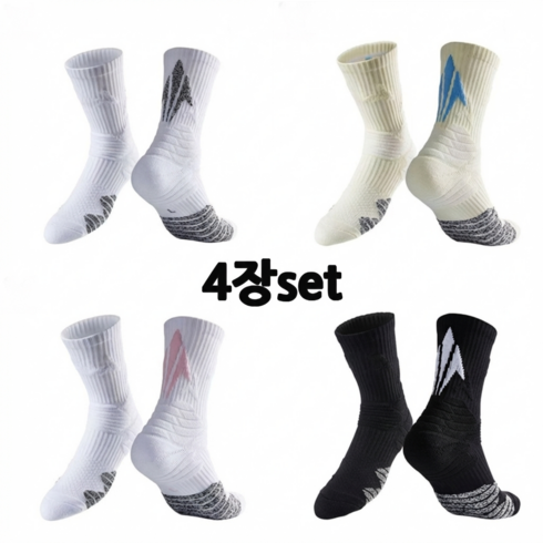 이지몰 농구 양말 4켤레 세트 스포츠 중목 두꺼운 쿠션 바닥 논슬립, 1세트, 컬러 4종