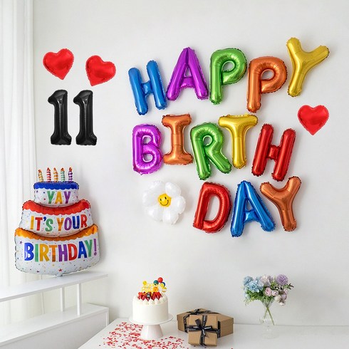 해피제이니 생일이벤트 풍선 레터링 가랜드 레인보우 생일 파티용품 세트, 1세트, 레인보우 숫자11