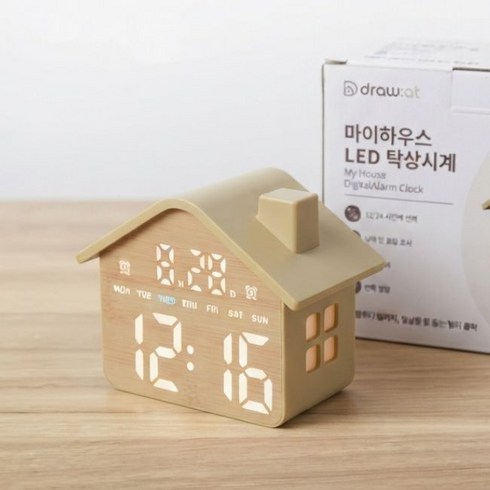드로우앳 마이하우스 LED 알람 탁상시계, 우드