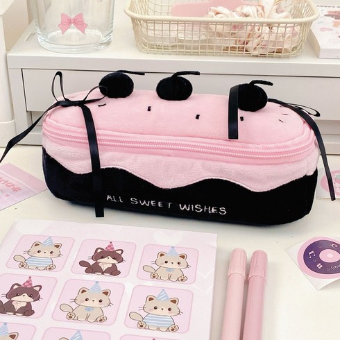 샤샤벨 체리 케이크 필통 파우치 봉제 인형 귀여운 생일 선물, 1개, 블랙