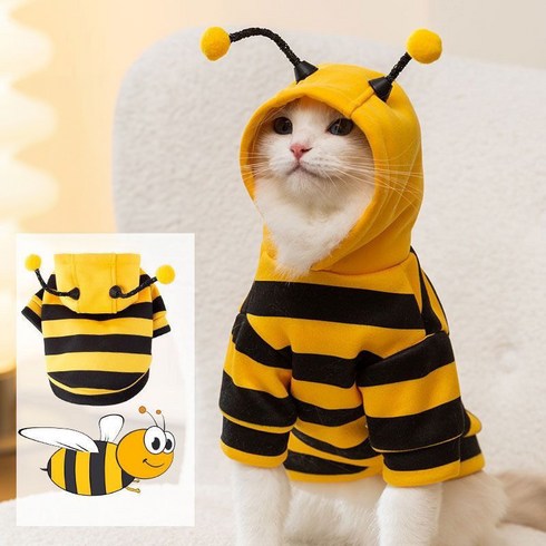 강아지 고양이 반려동물 옷 꿀벌 후드티 하네스 고리 티셔츠, 옐로우, 1개