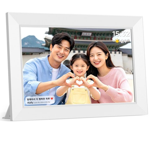 BIGASUO 디지털 액자 10.1인치 고화질 IPS 터치스크린 WiFi 32GB Frameo 탑재 다중 사용자 연결 거치 및 벽걸이 지원 부모님을 위한 특별한 선물, 화이트, 102K