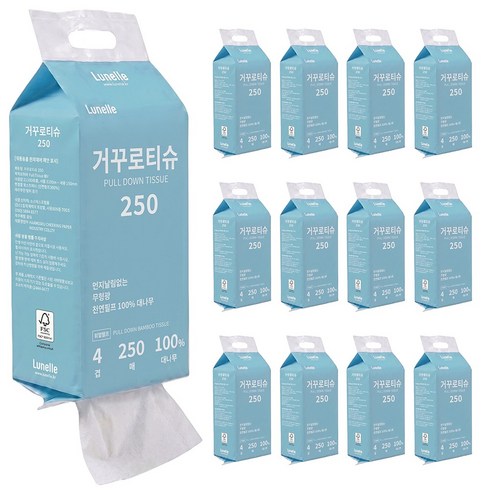 루넬 거꾸로티슈 4겹 도톰한 먼지없는 대나무 프리미엄 벽걸이 화장지, 12개, 250매입