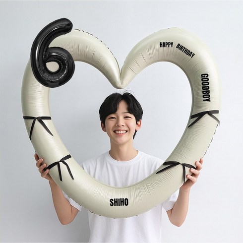해피제이니 블랙 숫자 하트프레임 풍선 생일파티용품세트(프리레터링 시트지 포함) 포토존, 1세트, 6 크림하트