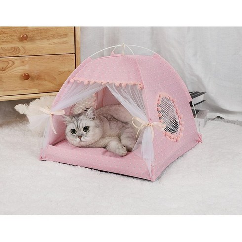 더이버 강아지 고양이 반려동물 방석 커튼 텐트 하우스 숨숨, 1개, 핑크
