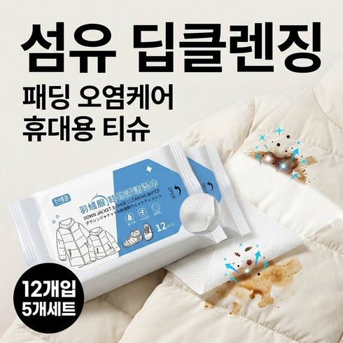 오름 일본기술 적용 [KTC 인증 완료] 5개 세트 얼룩 제거 티슈 휴대용 물티슈, 5세트, 12개입
