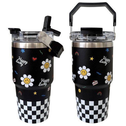 바이코코 스마일 데이지 보온 보냉 스텐 예쁜 손잡이 빨대 텀블러, 1개, 600ml, 블랙