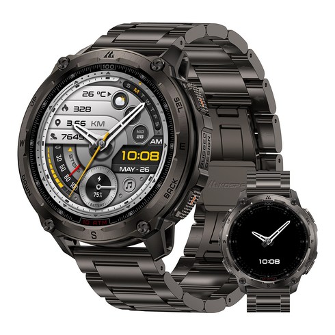 KOSPET TANK T4T 스마트워치 방수방진충격 방지 시계 블랙/실버 GPS+블루투스, GPS + 블루투스, 36.3mm, Black